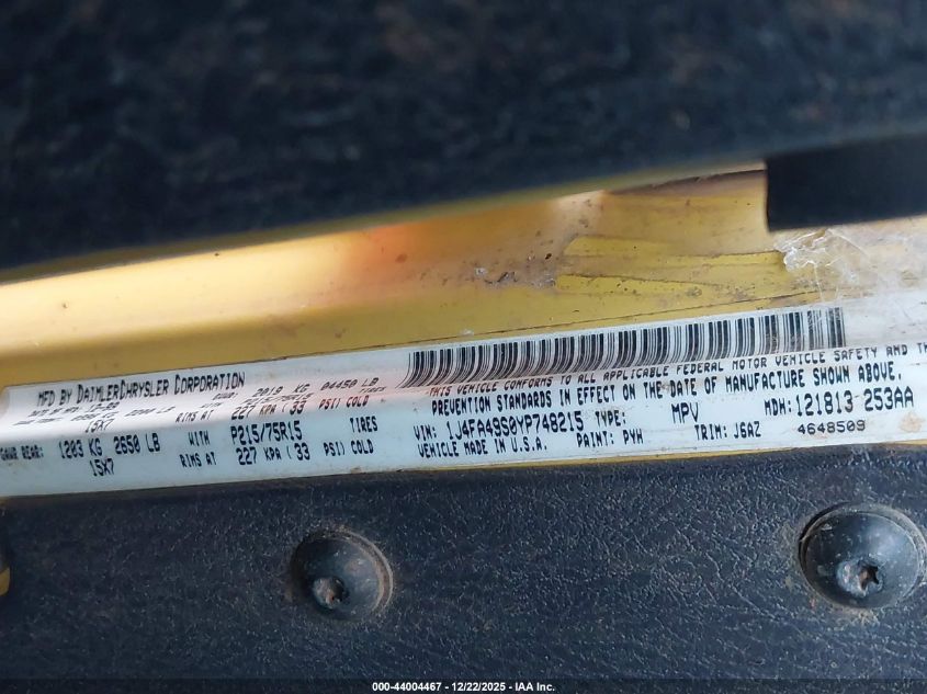 2000 Jeep Wrangler Sport VIN: 1J4FA49S0YP748215 Lot: 44004467