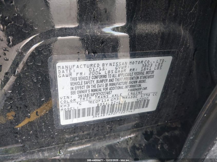 2015 Nissan Sentra Sv VIN: 3N1AB7AP2FY227467 Lot: 44004471