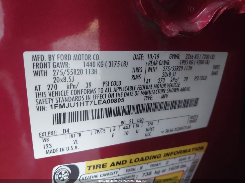 2020 Ford Expedition Xlt VIN: 1FMJU1HT7LEA00805 Lot: 44004669