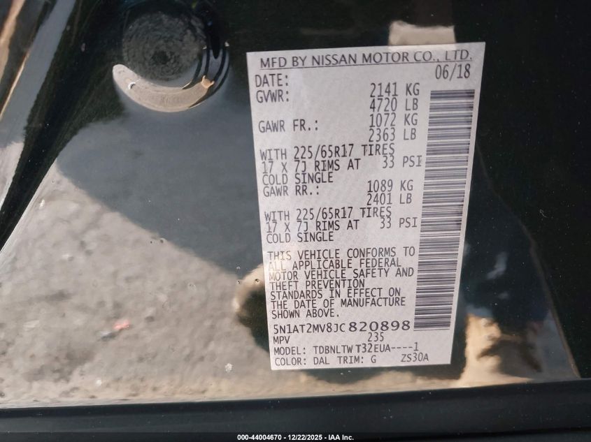 2018 Nissan Rogue Sv VIN: 5N1AT2MV8JC820898 Lot: 44004670