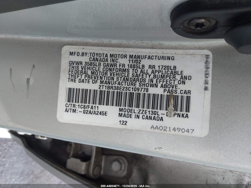 2003 Toyota Corolla Le VIN: 2T1BR38E23C109778 Lot: 44004671