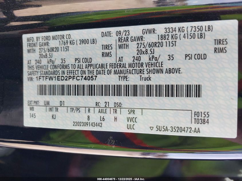 2023 Ford F-150 King Ranch VIN: 1FTFW1ED2PFC74057 Lot: 44004675