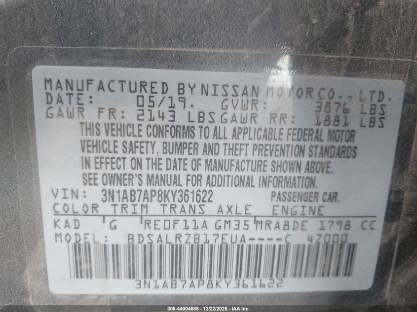 3N1AB7AP8KY361622 2019 NISSAN SENTRA photo no. 9