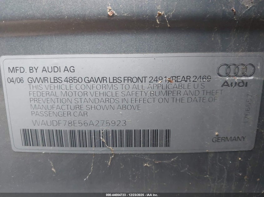 2006 Audi A4 2.0T VIN: WAUDF78E56A275923 Lot: 44004723