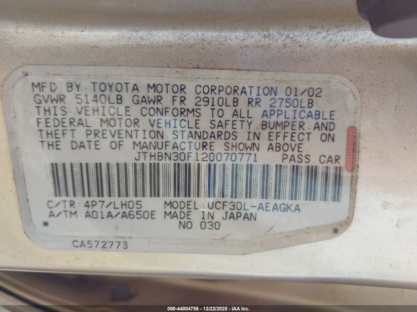 2002 Lexus Ls 430 VIN: JTHBN30F120070771 Lot: 44004756