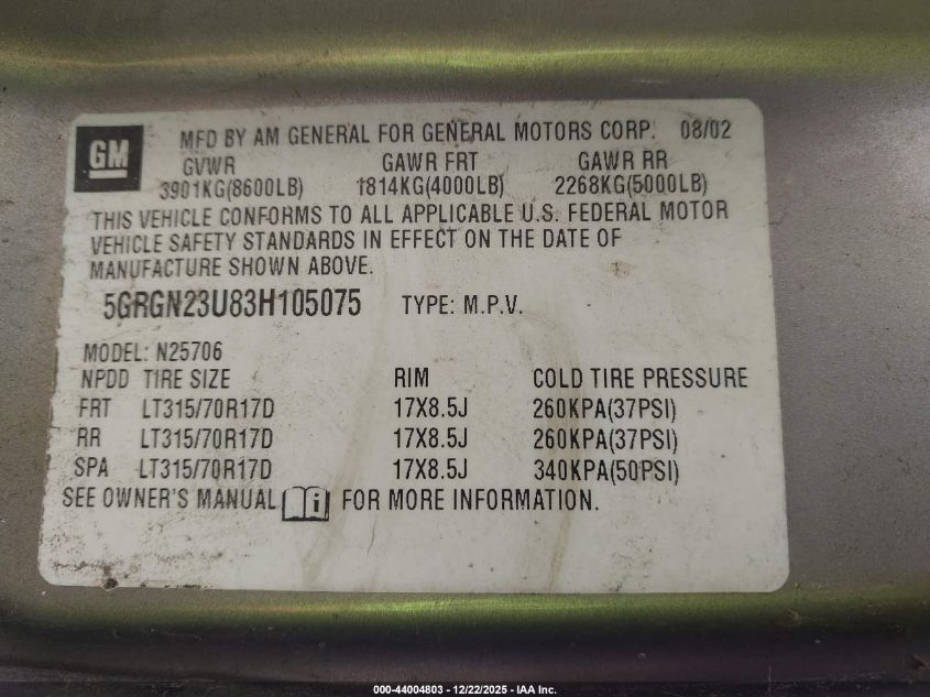2003 Hummer H2 VIN: 5GRGN23U83H105075 Lot: 44004803