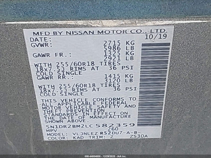 VIN 5N1DR2BM2LC582359 2020 NISSAN PATHFINDER SV 4WD