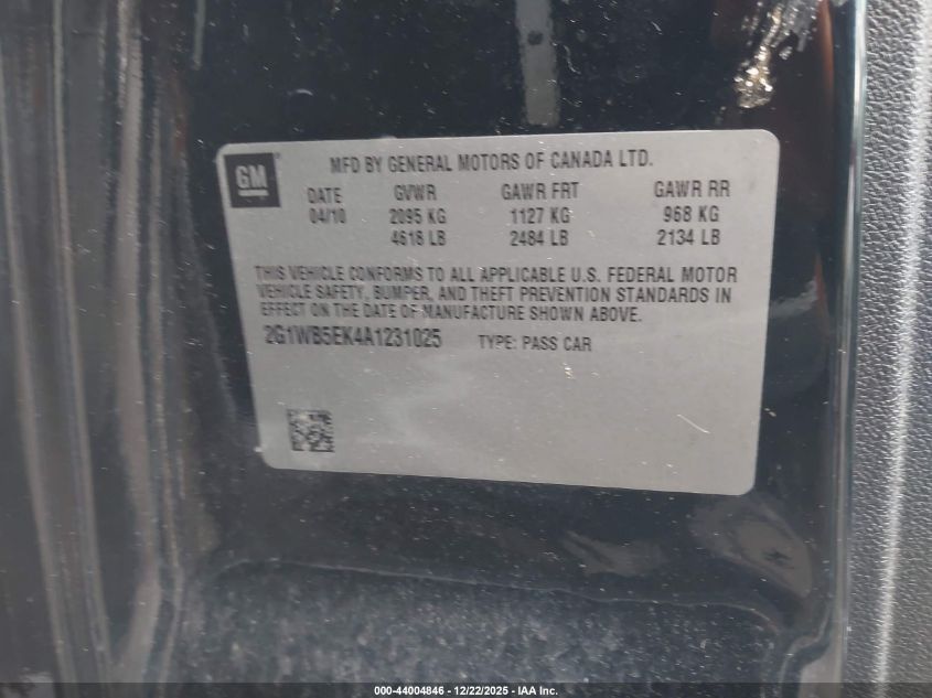 2010 Chevrolet Impala Lt VIN: 2G1WB5EK4A1231025 Lot: 44004846