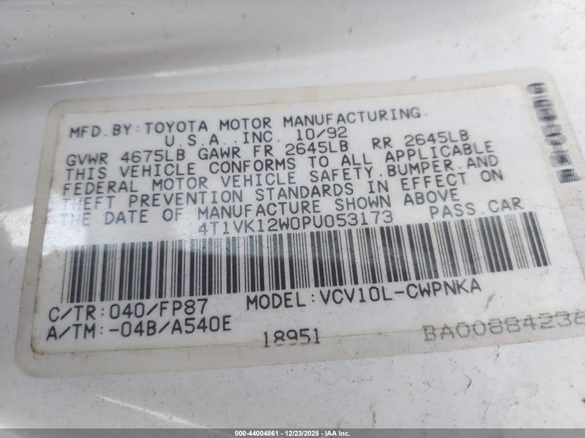 TOYOTA CAMRY 1993 VIN 4T1VK12W0PU053173