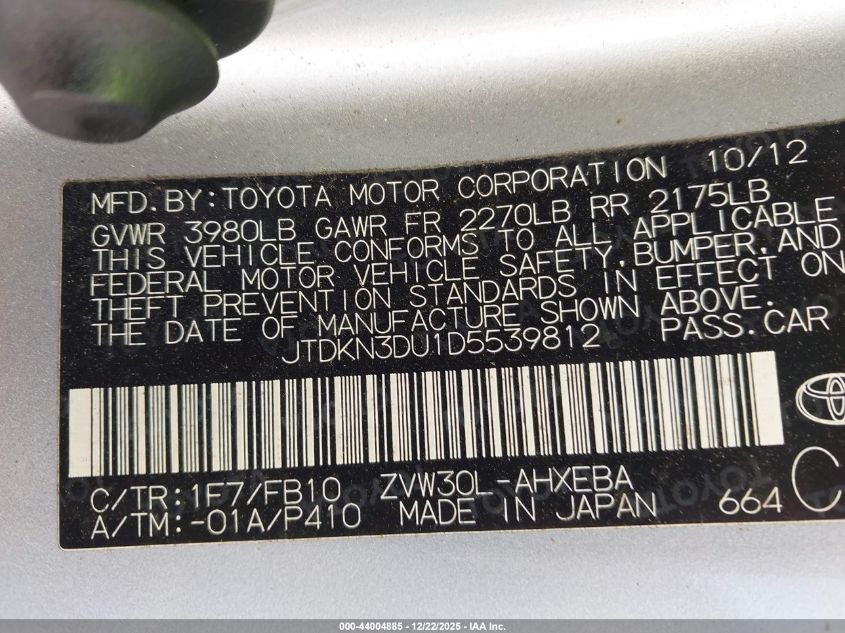 2013 Toyota Prius Two VIN: JTDKN3DU1D5539812 Lot: 44004885