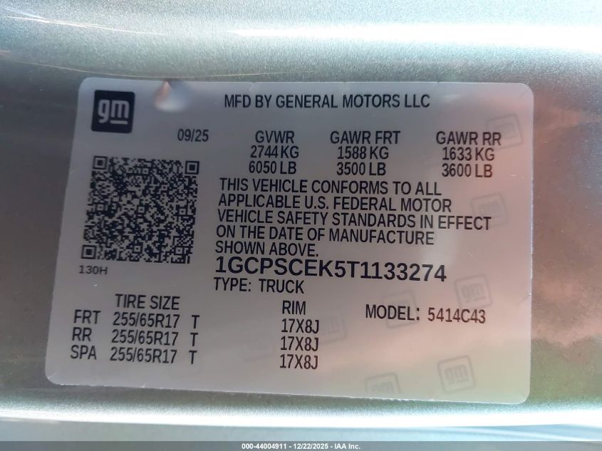 2026 Chevrolet Colorado Lt, Rwd VIN: 1GCPSCEK5T1133274 Lot: 44004911