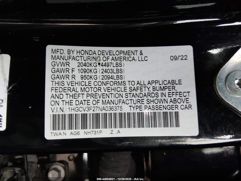 VIN 1HGCV3F27NA036375 2022 HONDA ACCORD HYBRID SPORT