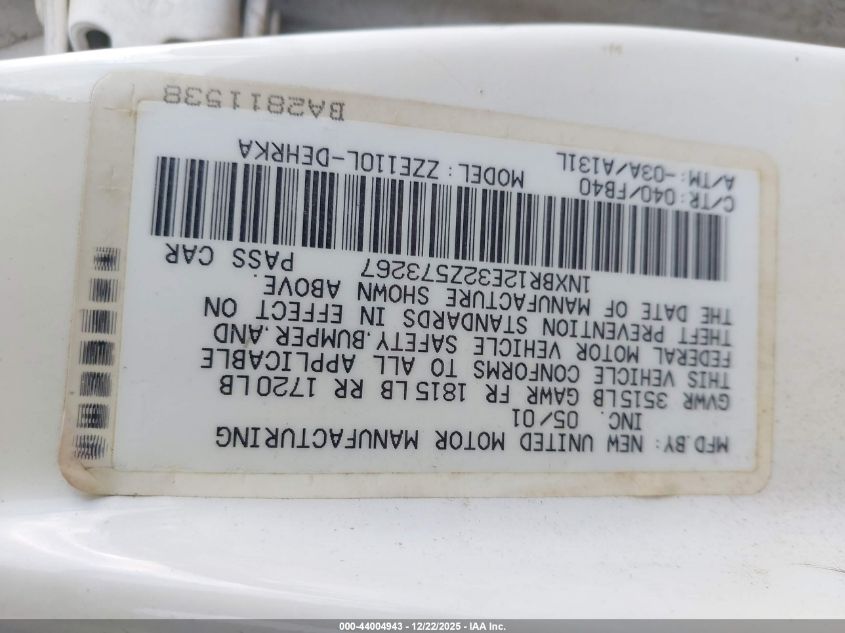 2002 Toyota Corolla Ce VIN: 1NXBR12E32Z573267 Lot: 44004943