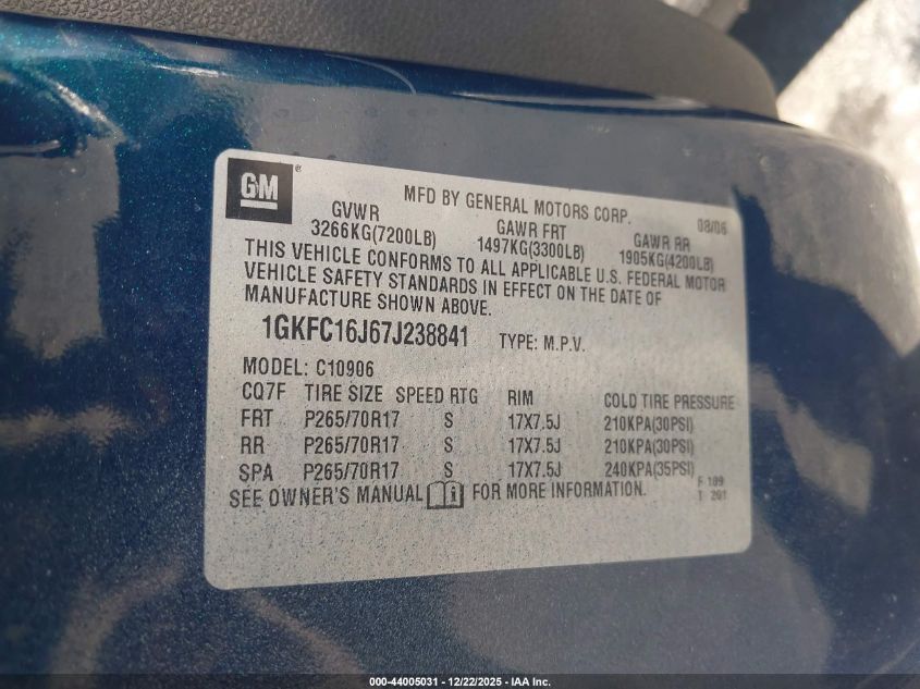 2007 GMC Yukon Xl 1500 Commercial Fleet VIN: 1GKFC16J67J238841 Lot: 44005031