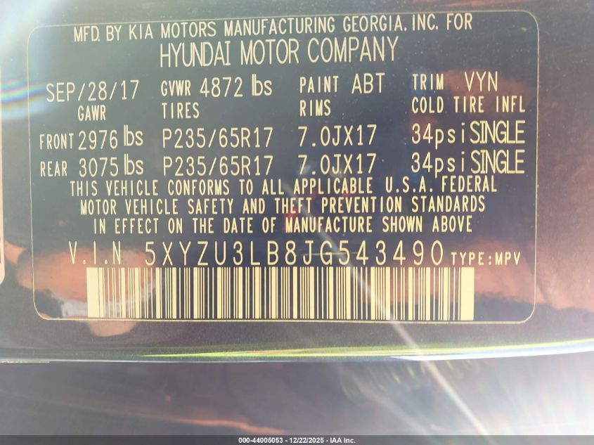 2018 Hyundai Santa Fe Sport 2.4L VIN: 5XYZU3LB8JG543490 Lot: 44005053