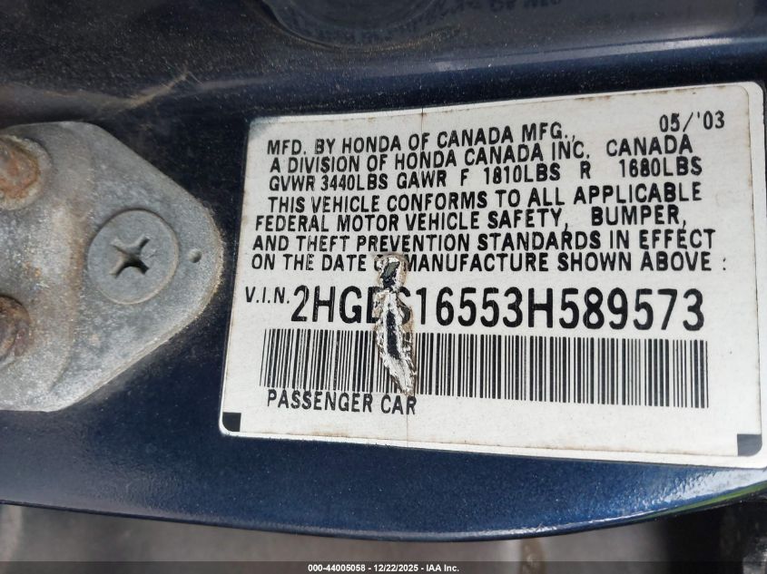 2003 Honda Civic Lx VIN: 2HGES16553H589573 Lot: 44005058