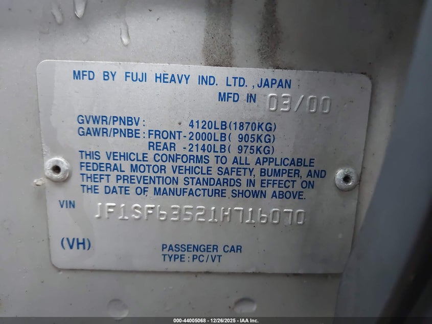 2001 Subaru Forester L VIN: JF1SF63521H716070 Lot: 44005068