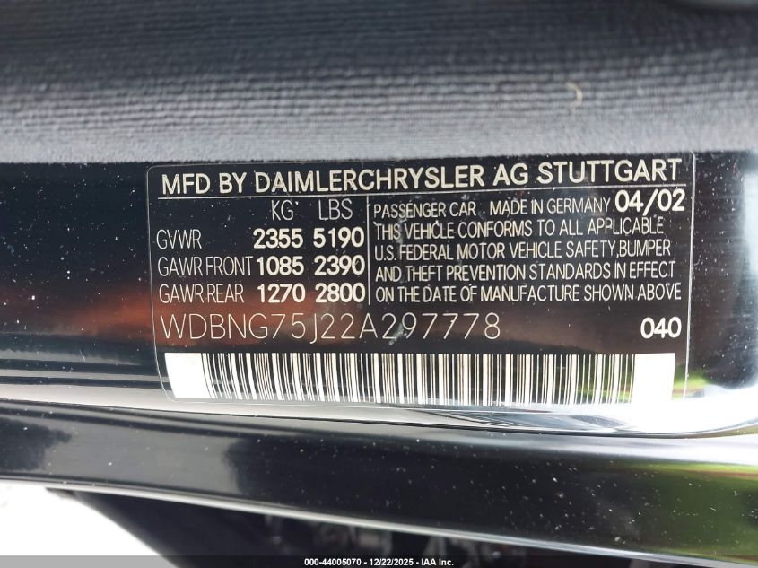 2002 Mercedes-Benz S 500 VIN: WDBNG75J22A297778 Lot: 44005070