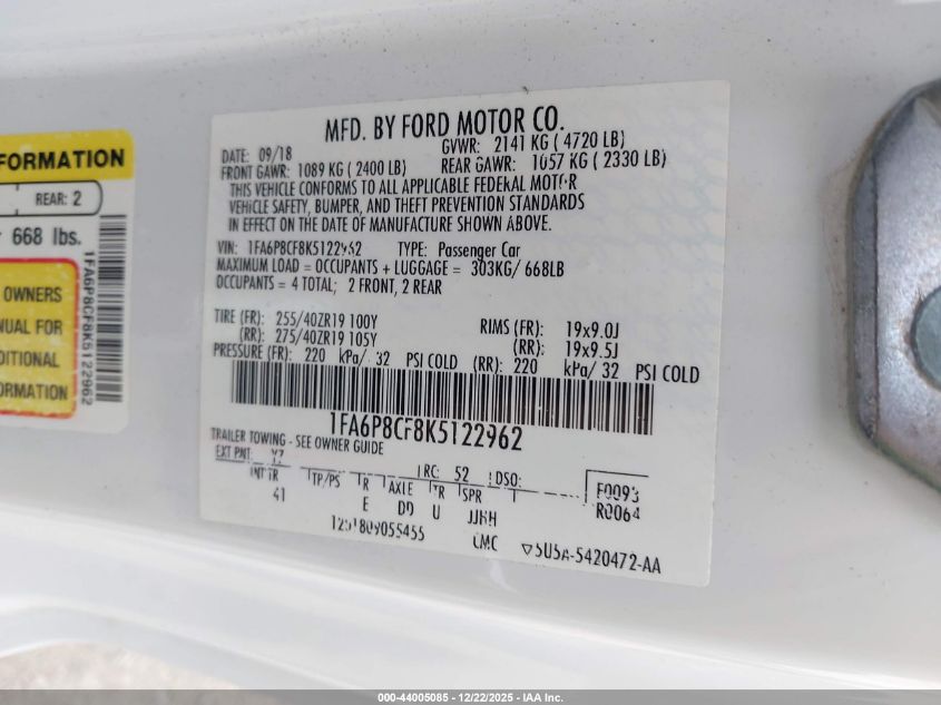 2019 Ford Mustang Gt Premium VIN: 1FA6P8CF8K5122962 Lot: 44005085
