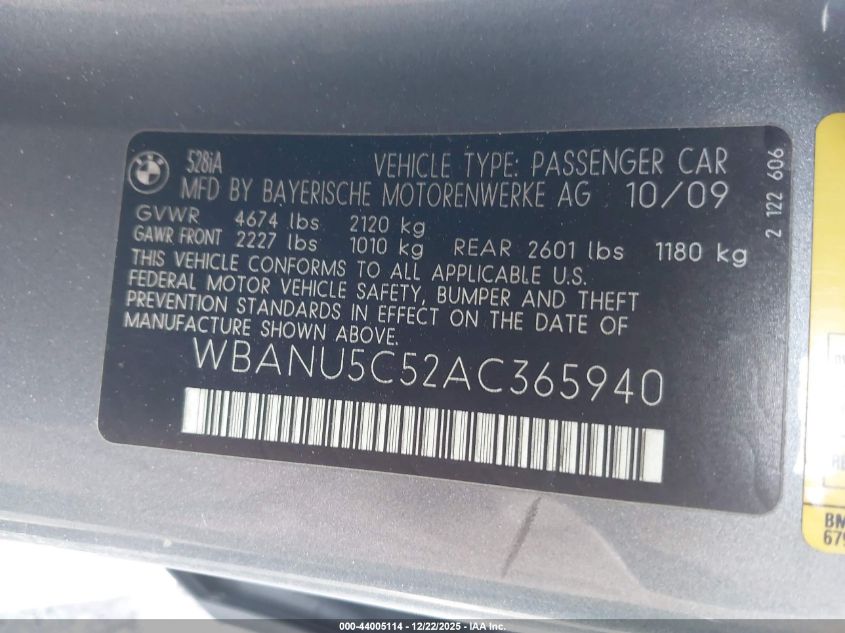 2010 BMW 528I VIN: WBANU5C52AC365940 Lot: 44005114