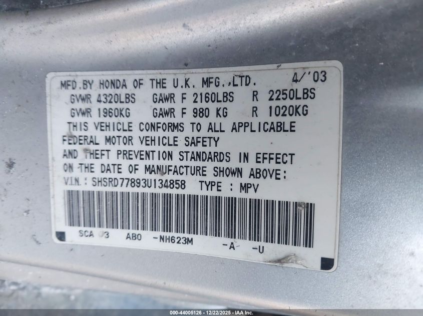 2003 Honda Cr-V Ex VIN: SHSRD77893U134858 Lot: 44005126