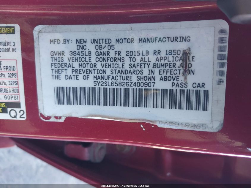 2006 Pontiac Vibe VIN: 5Y2SL65826Z400907 Lot: 44005127