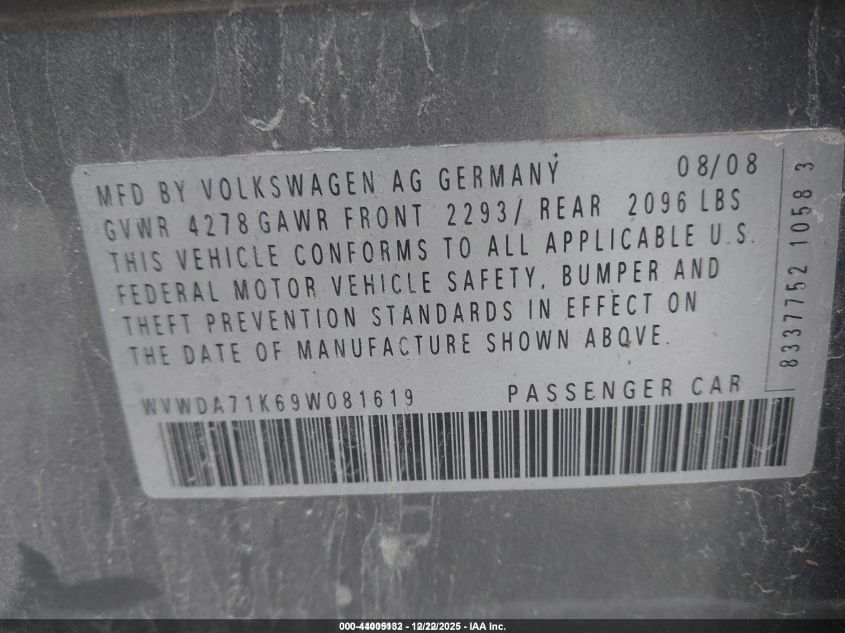 2009 Volkswagen Rabbit S VIN: WVWDA71K69W081619 Lot: 44005132