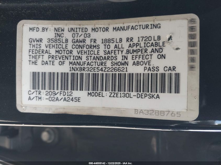 2004 Toyota Corolla S VIN: 1NXBR32E54Z226621 Lot: 44005142