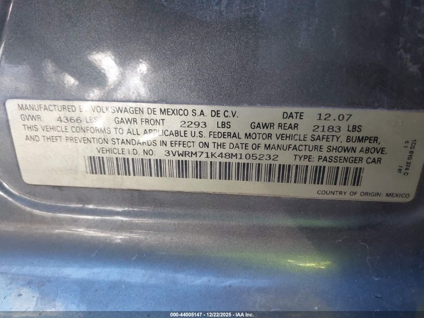 2008 Volkswagen Jetta Se/Sel VIN: 3VWRM71K48M105232 Lot: 44005147