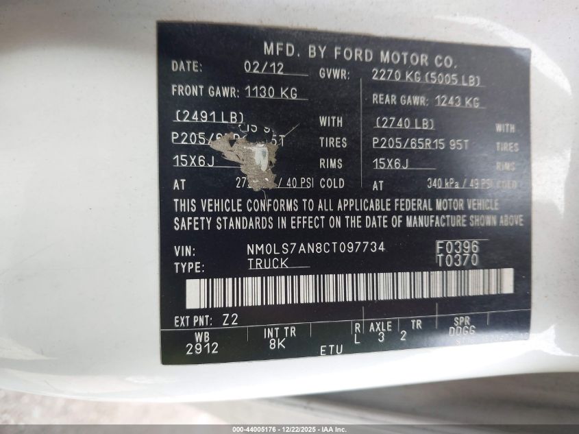 2012 Ford Transit Connect Xl VIN: NM0LS7AN8CT097734 Lot: 44005176