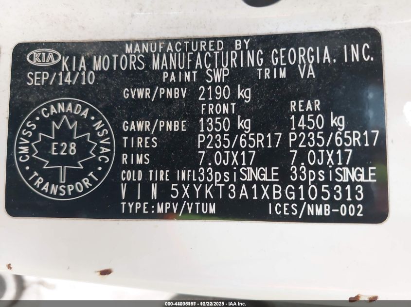 2011 Kia Sorento Lx VIN: 5XYKT3A1XBG105313 Lot: 44005187