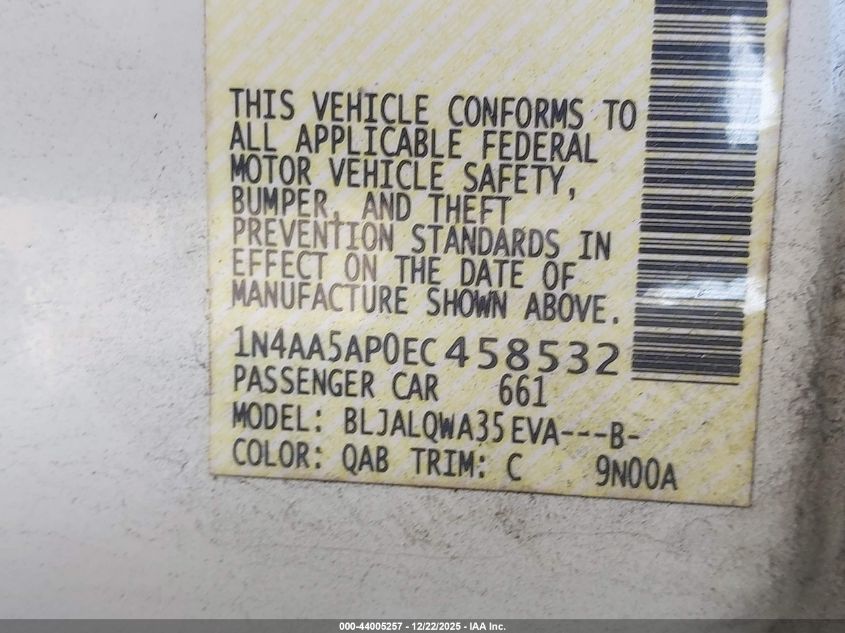 2014 Nissan Maxima 3.5 S/3.5 Sv VIN: 1N4AA5AP0EC458532 Lot: 44005257