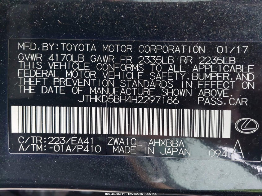 2017 Lexus Ct 200H VIN: JTHKD5BH4H2297186 Lot: 44005311