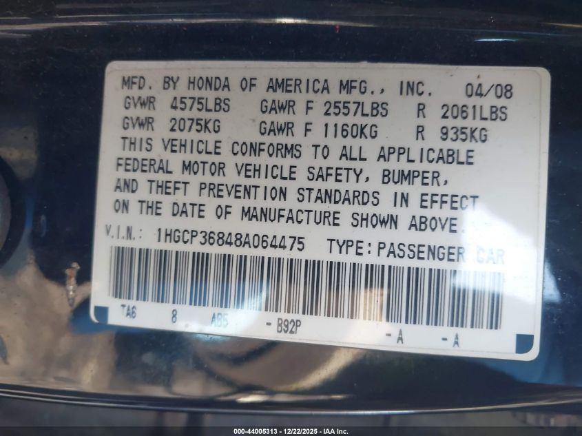 2008 Honda Accord 3.5 Ex-L VIN: 1HGCP36848A064475 Lot: 44005313