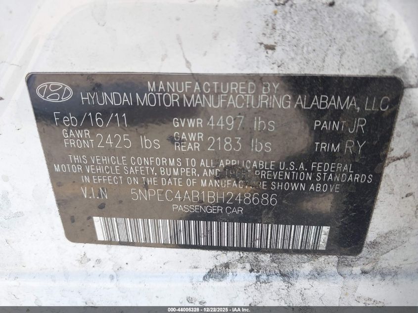 2011 Hyundai Sonata Se 2.0T VIN: 5NPEC4AB1BH248686 Lot: 44005328