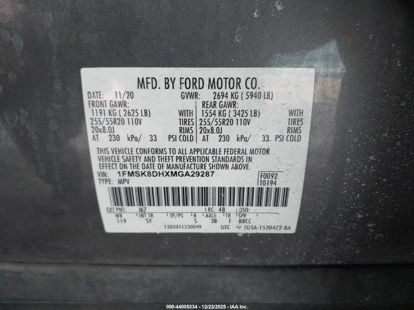 2021 Ford Explorer Xlt VIN: 1FMSK8DHXMGA29287 Lot: 44005334