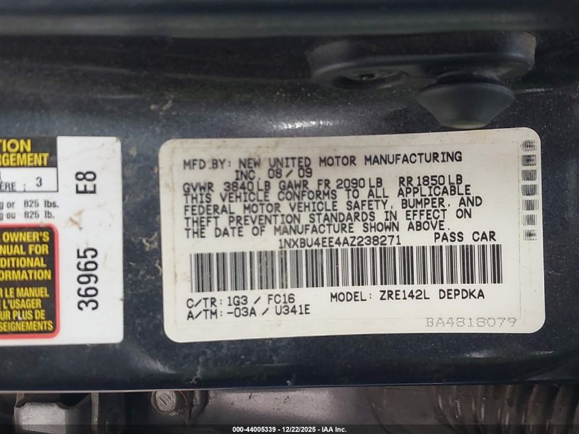 2010 Toyota Corolla Le VIN: 1NXBU4EE4AZ238271 Lot: 44005339