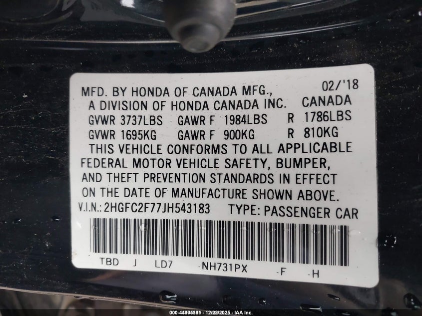 VIN 2HGFC2F77JH543183 2018 HONDA CIVIC EX