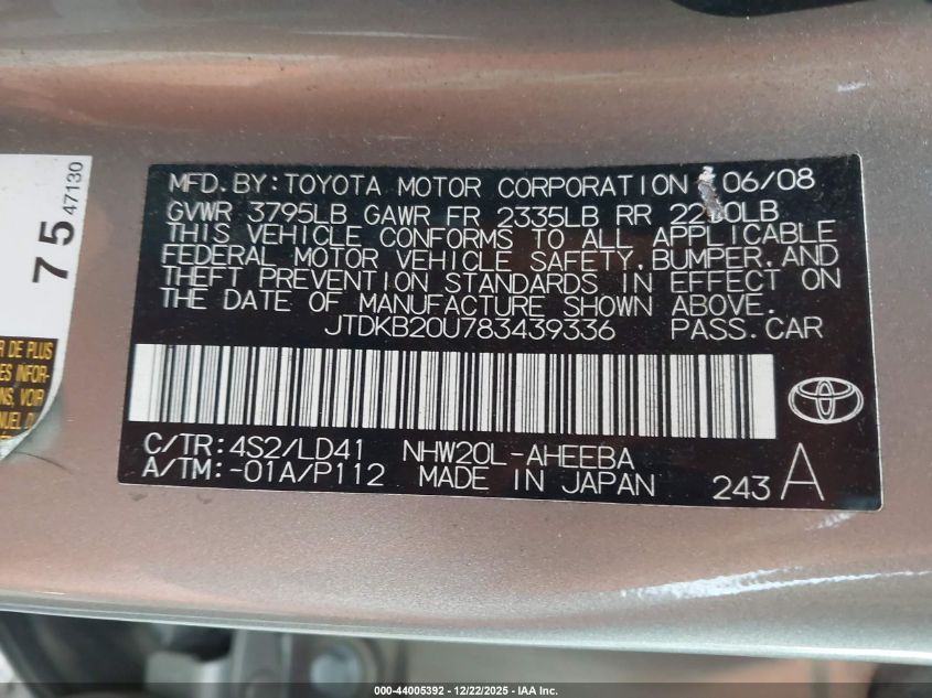 2008 Toyota Prius VIN: JTDKB20U783439336 Lot: 44005392