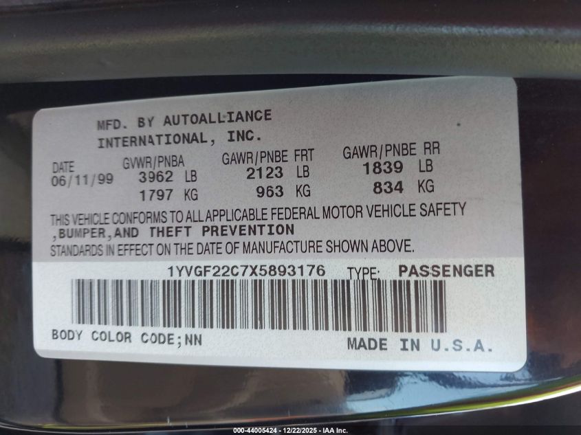 1999 Mazda 626 Es/Lx VIN: 1YVGF22C7X5893176 Lot: 44005424