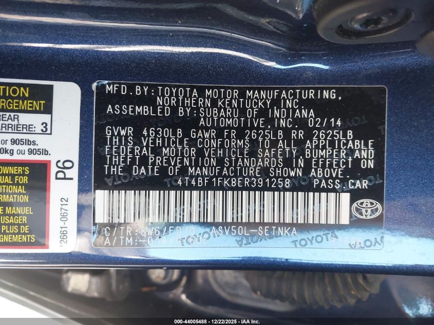 2014 Toyota Camry Le VIN: 4T4BF1FK8ER391258 Lot: 44005488