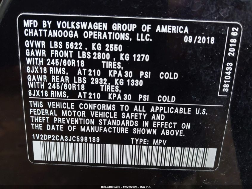 2018 Volkswagen Atlas 2.0T Se/2.0T Se W/Technology VIN: 1V2DP2CA3JC598189 Lot: 44005490