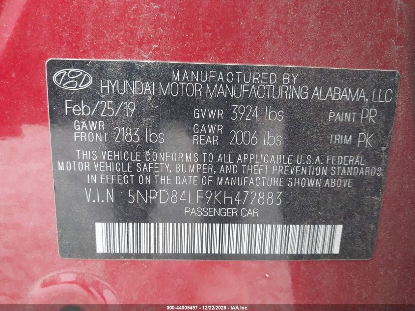 2019 Hyundai Elantra Value Edition VIN: 5NPD84LF9KH472883 Lot: 44005497