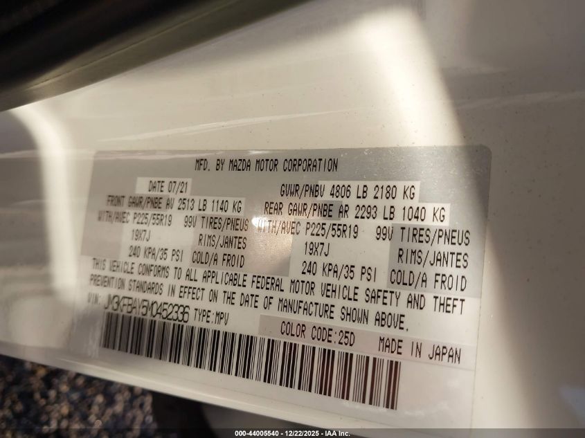 2021 Mazda Cx-5 Grand Touring Reserve VIN: JM3KFBAY5M0452336 Lot: 44005540