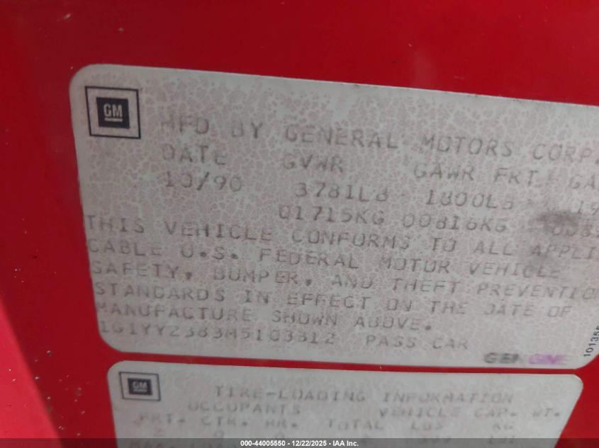 1991 Chevrolet Corvette VIN: 1G1YY2383M5103312 Lot: 44005550