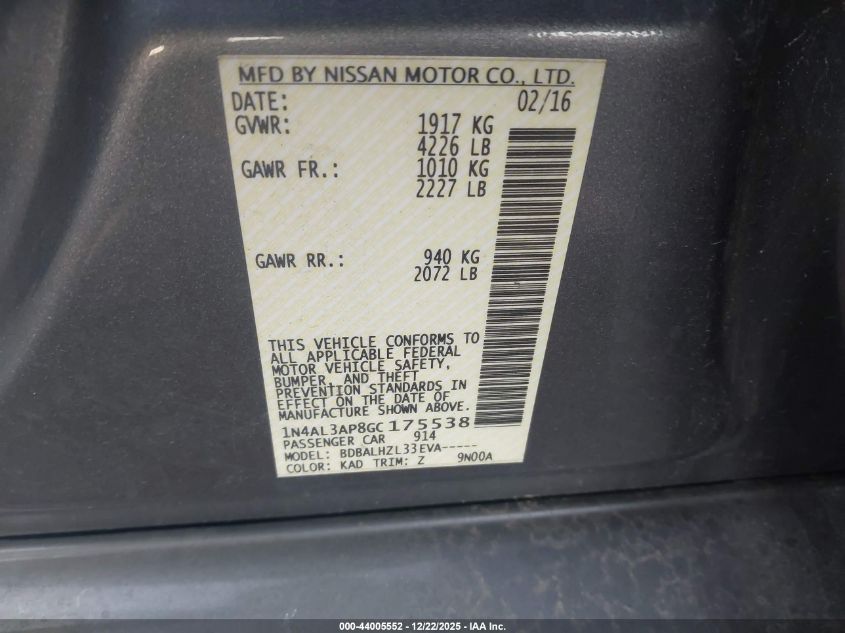 2016 Nissan Altima 2.5 Sr VIN: 1N4AL3AP8GC175538 Lot: 44005552