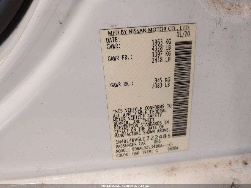 2020 Nissan Altima S Fwd VIN: 1N4BL4BV6LC222485 Lot: 44005554