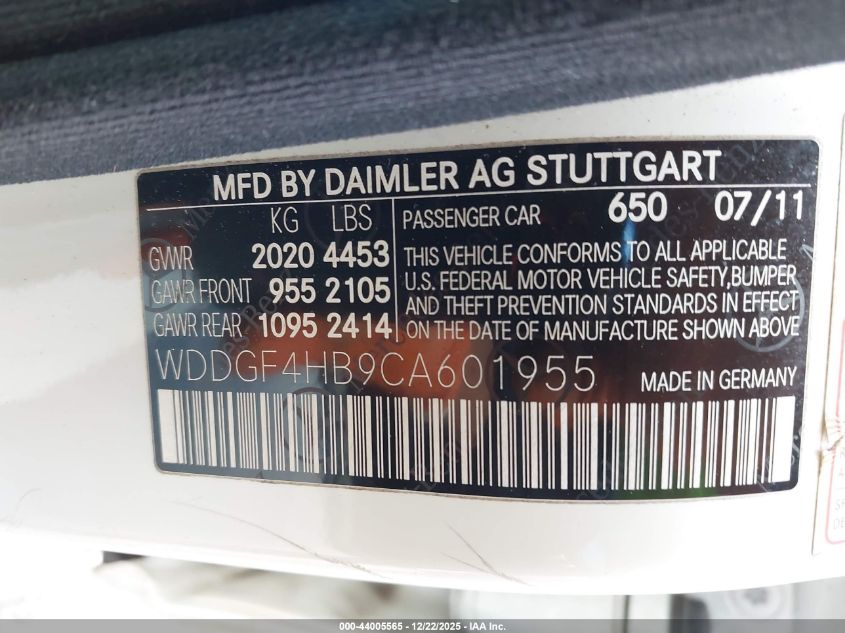 2012 Mercedes-Benz C 250 Sport VIN: WDDGF4HB9CA601955 Lot: 44005565