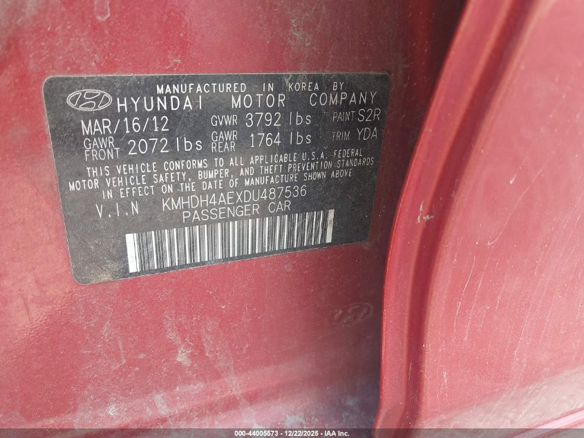 2013 Hyundai Elantra Gls/Limited VIN: KMHDH4AEXDU487536 Lot: 44005573