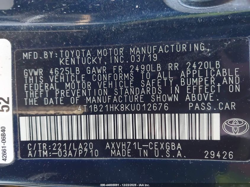 2019 Toyota Camry Hybrid Xle VIN: 4T1B21HK8KU012676 Lot: 44005591